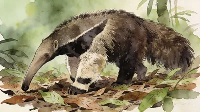 Visual depiction of A giant anteater moving through damp jungle floor leaf litter
