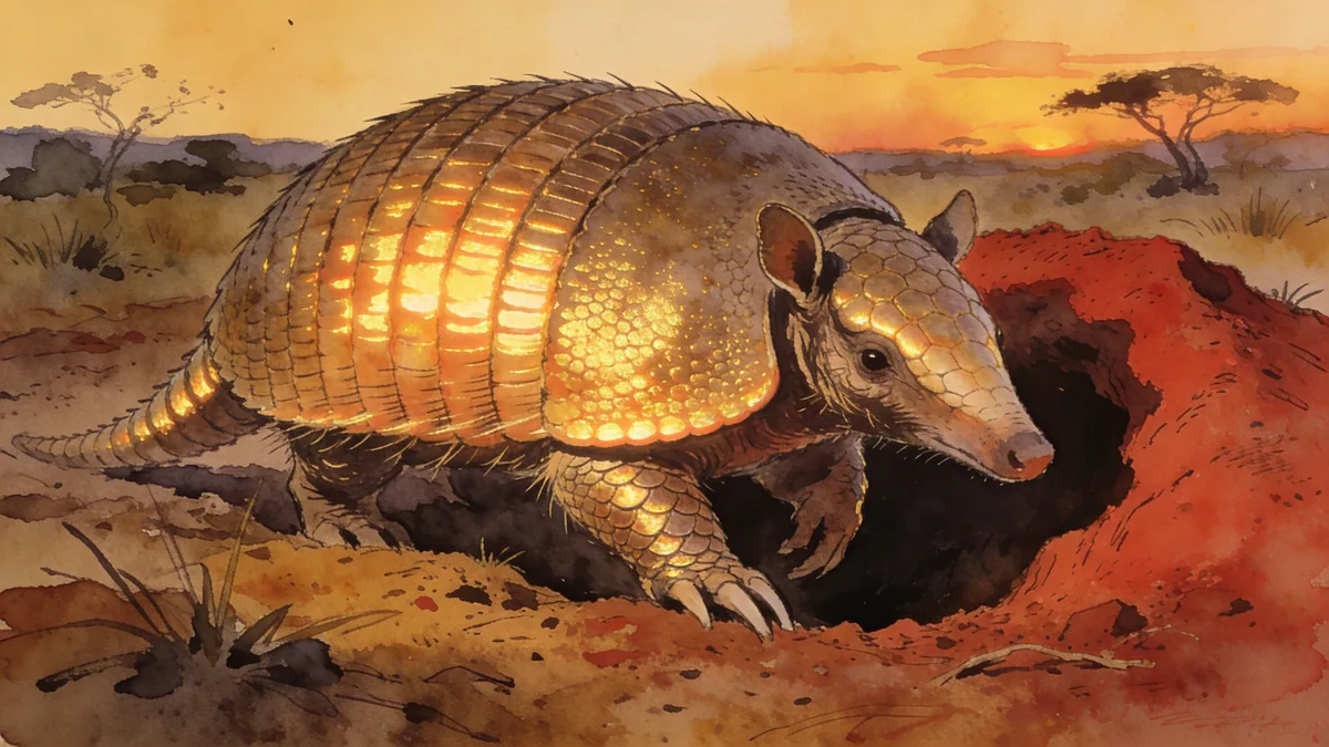 Visual depiction of A giant armadillo emerging from its burrow at dusk on the Cerrado
