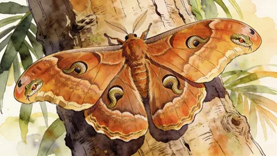 Visual depiction of A giant Atlas moth resting on tropical bark