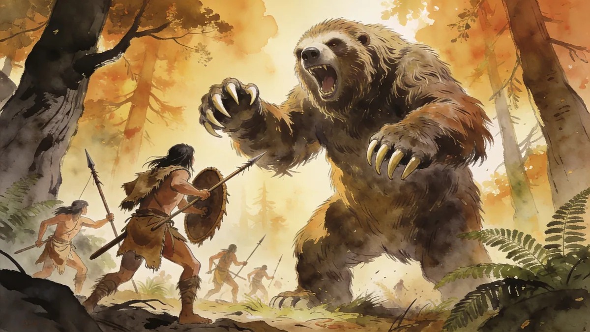 Visual depiction of A giant ground sloth rearing up at a human hunting party in a Pleistocene North American forest