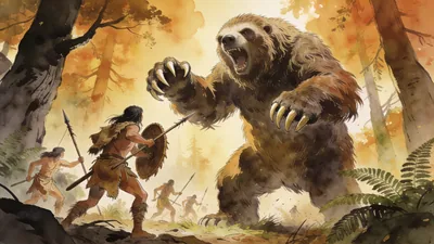 Visual depiction of A giant ground sloth rearing up at a human hunting party in a Pleistocene North American forest