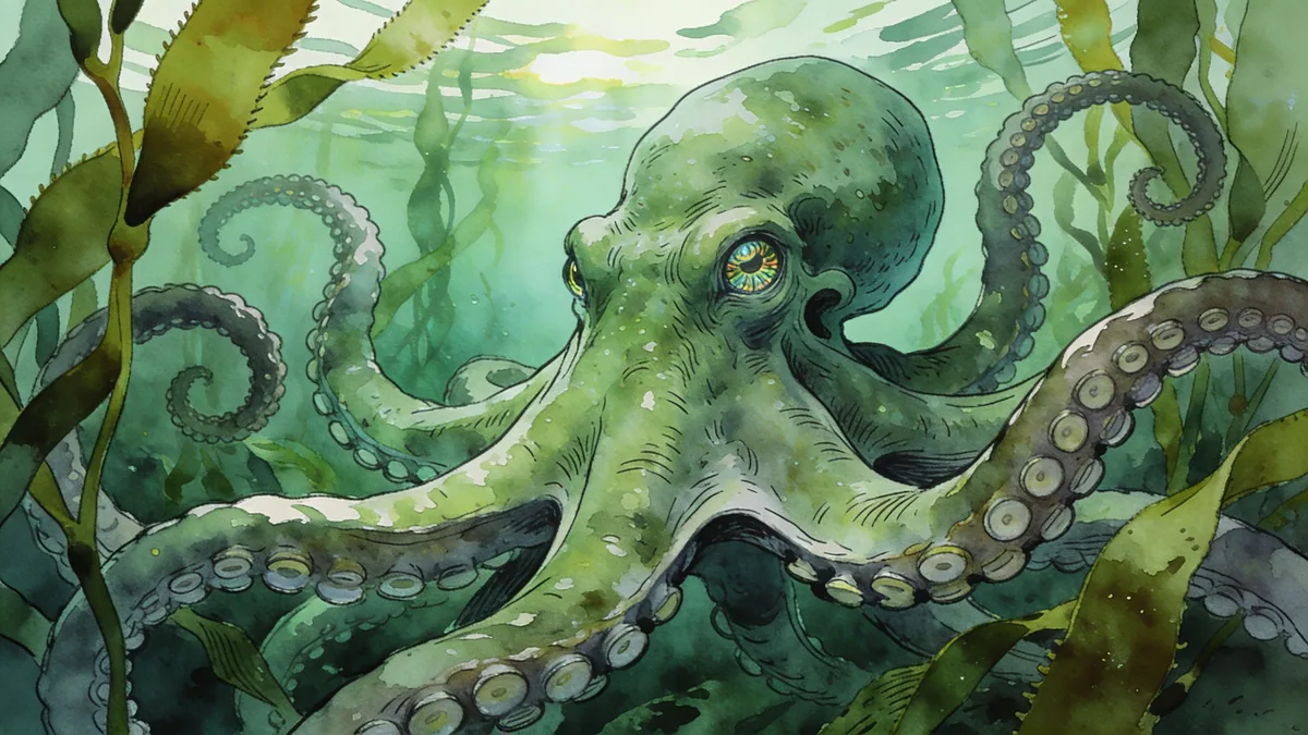 Visual depiction of A giant Pacific octopus in a kelp forest den