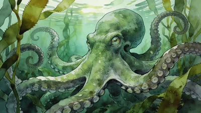 Visual depiction of A giant Pacific octopus in a kelp forest den