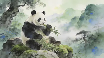 Visual depiction of A giant panda eating bamboo in a misty mountain forest