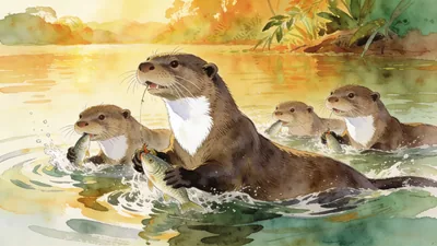 Visual depiction of A giant river otter family fishing together in an Amazonian oxbow lake