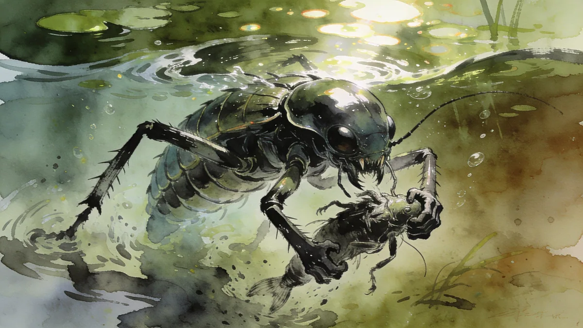 Visual depiction of A giant water bug holding prey below a pond surface