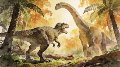 Visual depiction of A Giganotosaurus confronting a sauropod in a South American Cretaceous forest