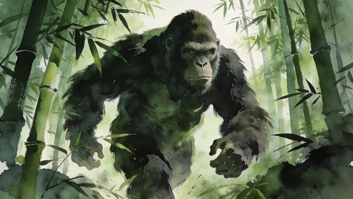 Visual depiction of A Gigantopithecus — the largest ape ever — moving through a Chinese Pleistocene bamboo forest