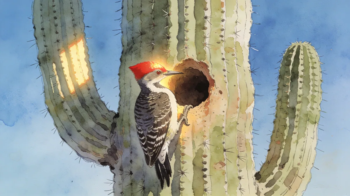 Visual depiction of A Gila woodpecker at its nest hole in a towering saguaro cactus