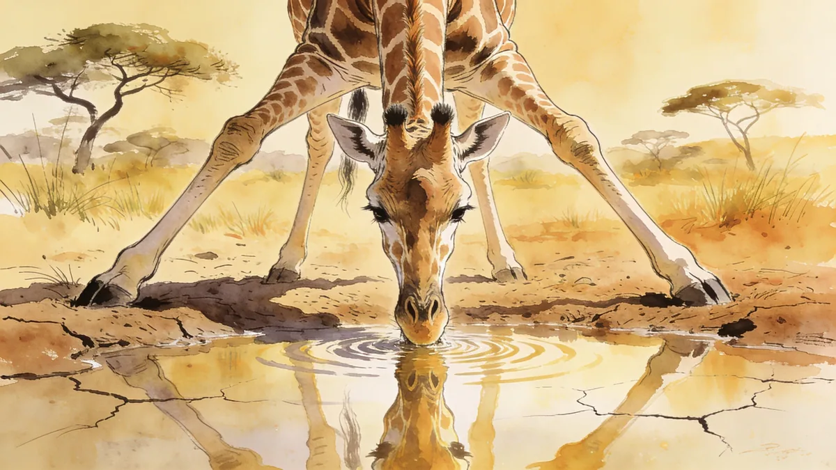 Visual depiction of A giraffe drinking at a dry season waterhole