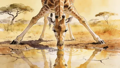 Visual depiction of A giraffe drinking at a dry season waterhole