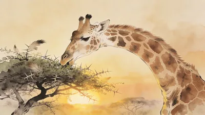 Visual depiction of A giraffe feeding from the crown of an acacia tree at sunrise