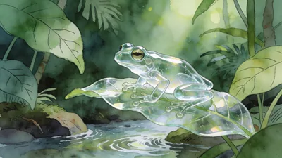 Visual depiction of A glass frog perched on a translucent leaf above a jungle stream