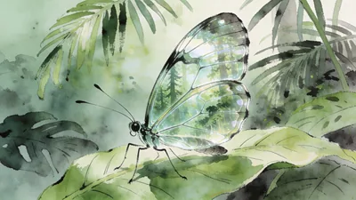 Visual depiction of A glasswing butterfly resting on a tropical leaf