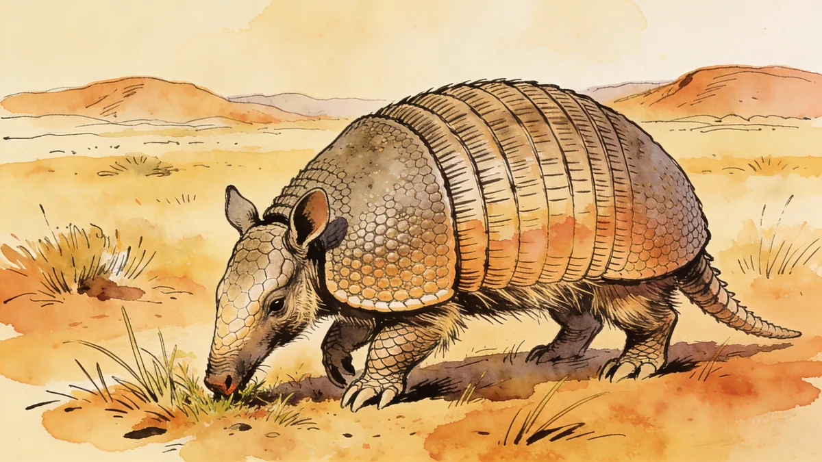 Visual depiction of A Glyptodon — armoured like a Volkswagen — grazing on a Pleistocene plain