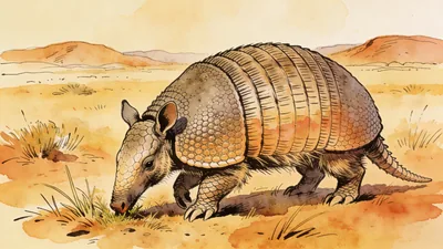 Visual depiction of A Glyptodon — armoured like a Volkswagen — grazing on a Pleistocene plain