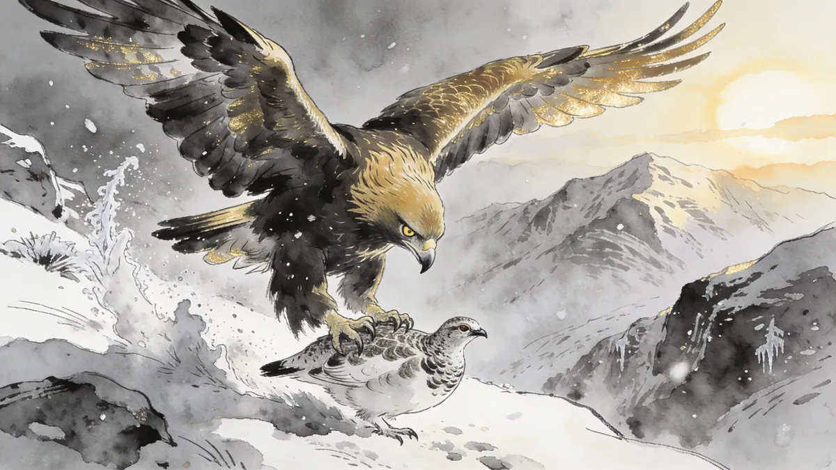 Visual depiction of A golden eagle descending in a full stoop on a mountain ptarmigan
