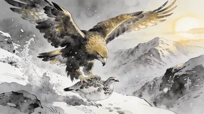 Visual depiction of A golden eagle descending in a full stoop on a mountain ptarmigan
