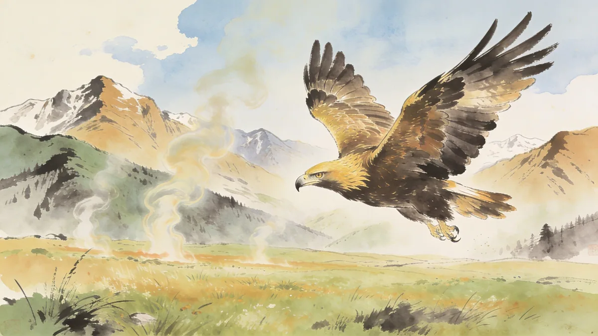Visual depiction of A golden eagle soaring above a wide alpine meadow