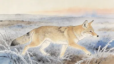 Visual depiction of A golden jackal moving across steppe grassland at dawn
