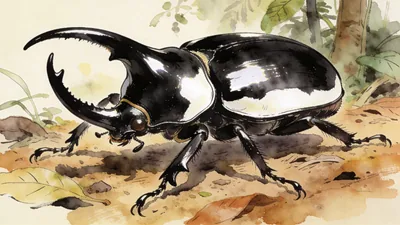Visual depiction of A Goliath beetle on a West African forest floor