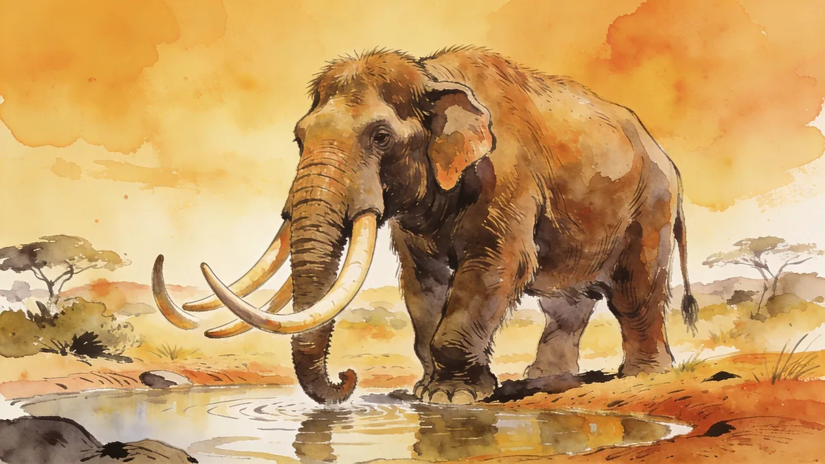 Visual depiction of A Gomphotherium — four-tusked elephant ancestor — at a Miocene waterhole
