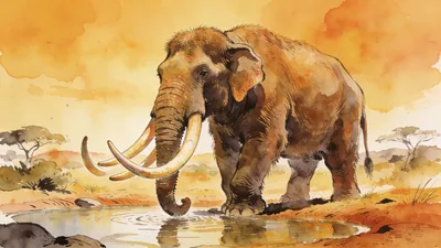 Visual depiction of A Gomphotherium — four-tusked elephant ancestor — at a Miocene waterhole