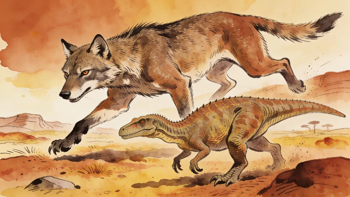 Visual depiction of A Gorgonopsid stalking a Lystrosaurus across a Permian plain