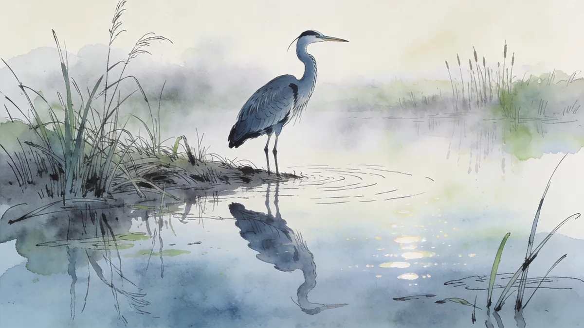 Visual depiction of A great blue heron standing motionless at the edge of a misty marsh