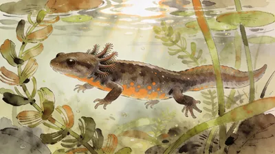 Visual depiction of A great crested newt swimming through pondweed in a clear garden pond