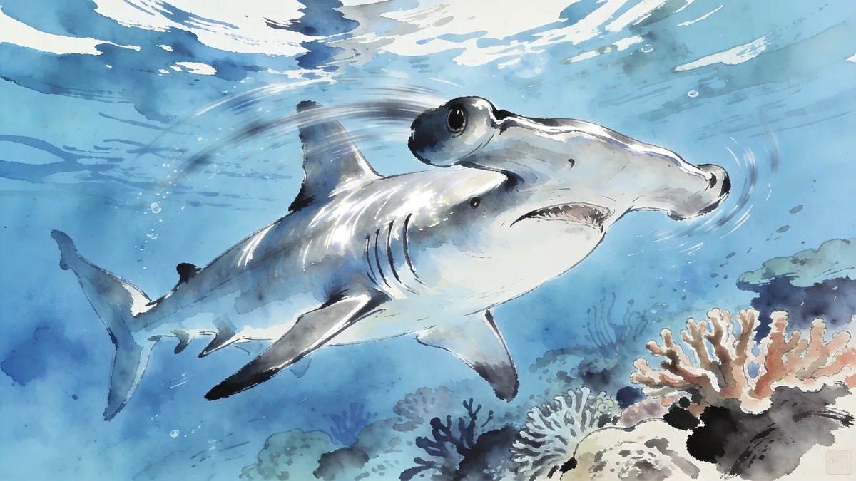 Visual depiction of A great hammerhead shark cruising over a coral reef