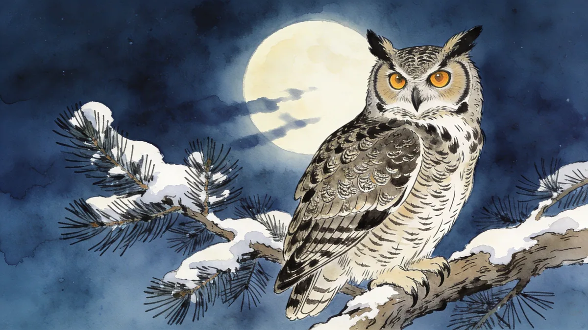 Visual depiction of A great horned owl perched on a snow-dusted pine branch in moonlight