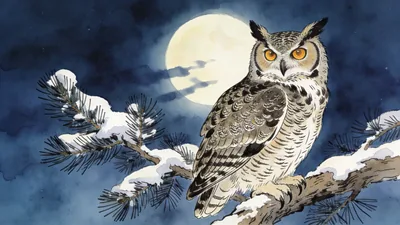 Visual depiction of A great horned owl perched on a snow-dusted pine branch in moonlight