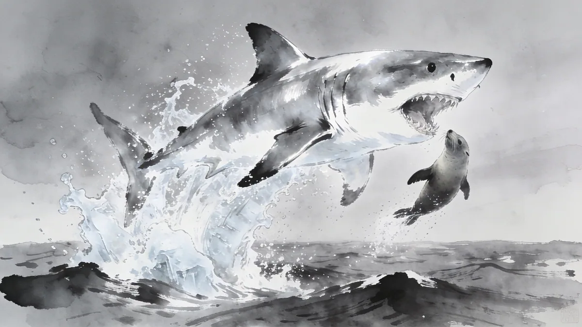 Visual depiction of A great white shark breaching for a seal off South Africa