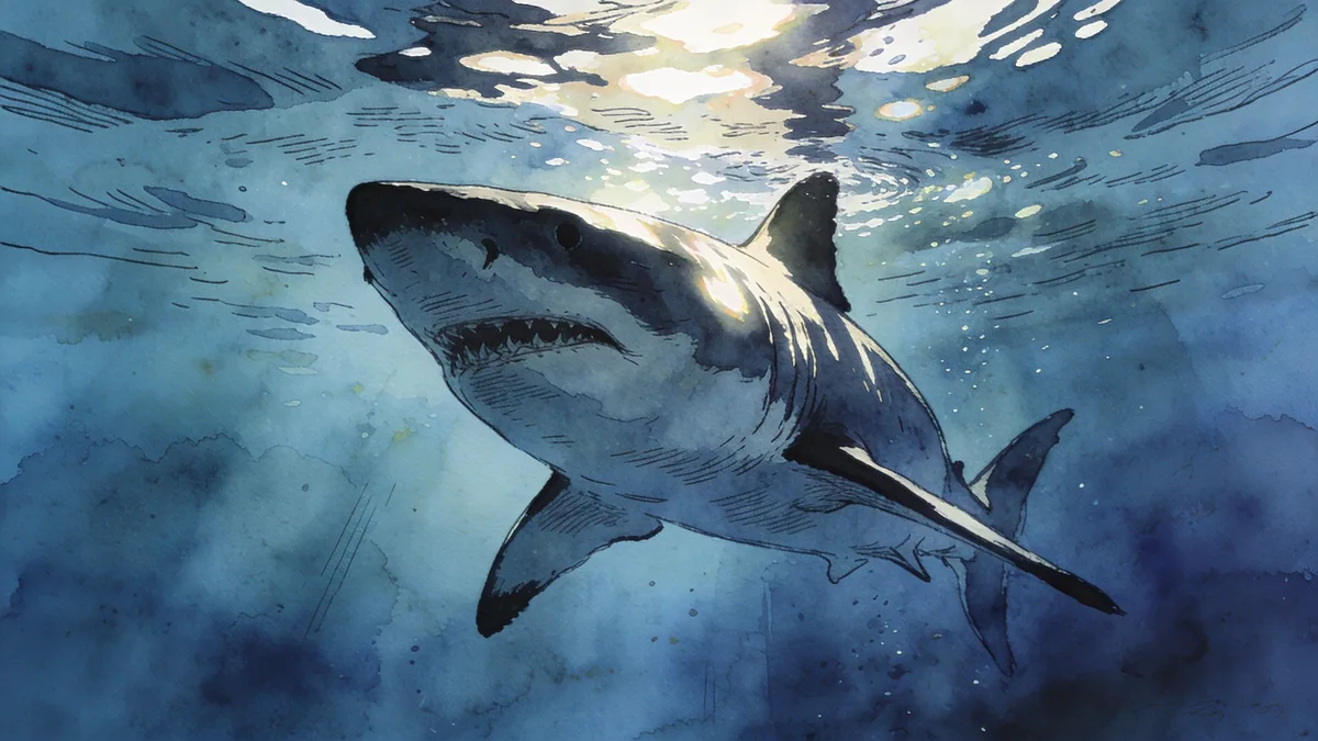 Visual depiction of A great white shark emerging from deep blue water below