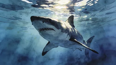 Visual depiction of A great white shark emerging from deep blue water below