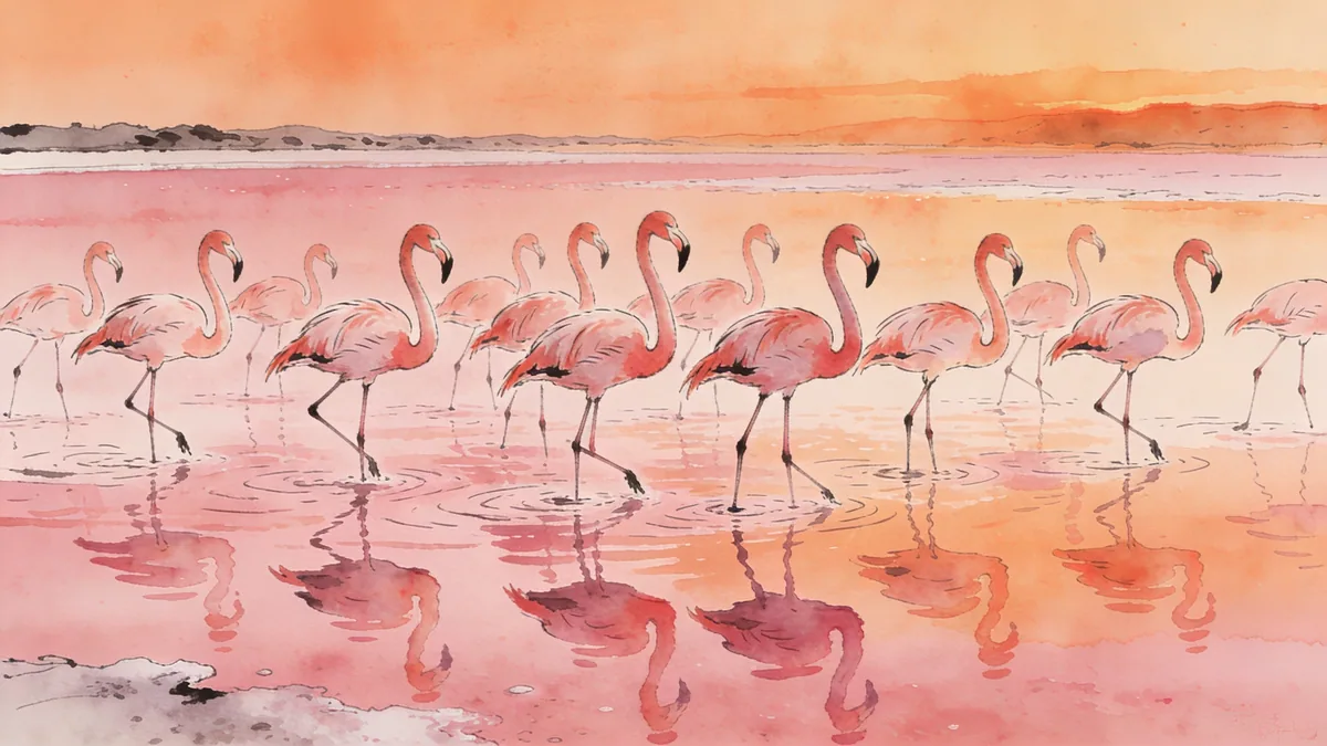 Visual depiction of A greater flamingo flock wading in a shallow pink salt lake at dusk