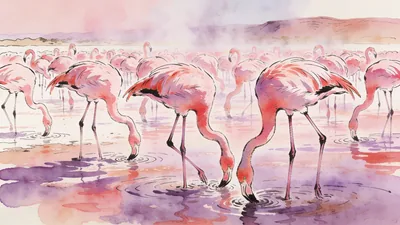Visual depiction of A greater flamingo colony feeding in a shallow alkaline lake