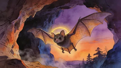 Visual depiction of A greater horseshoe bat emerging from a cave mouth at dusk