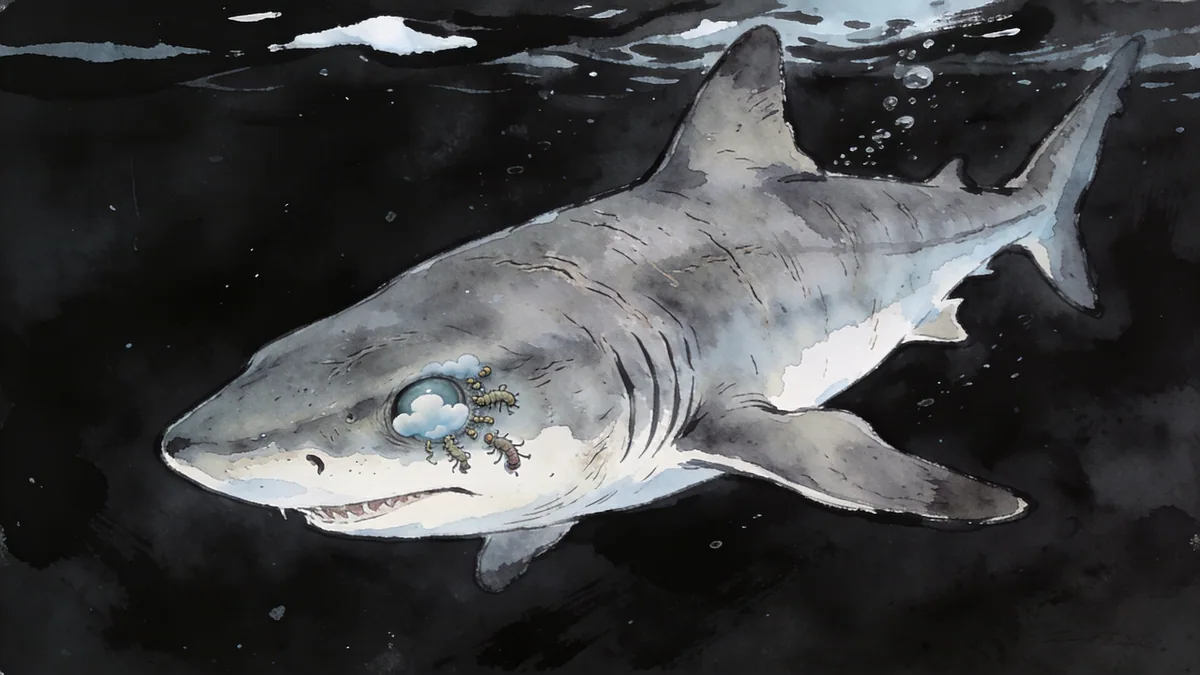 Visual depiction of A Greenland shark moving slowly through black arctic water