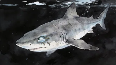 Visual depiction of A Greenland shark moving slowly through black arctic water