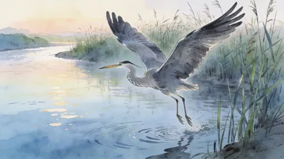 Visual depiction of A grey heron lifting from a reedy river at dawn