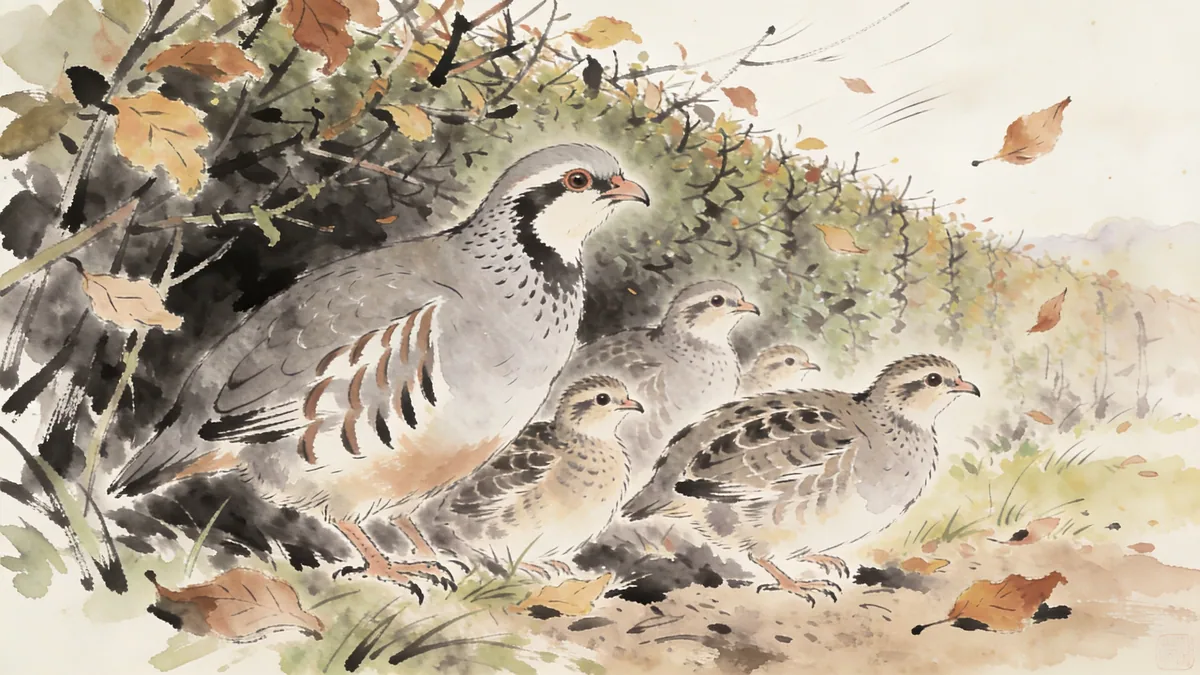 Visual depiction of A grey partridge family group sheltering in the lee of a hedge in autumn wind