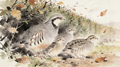 Visual depiction of A grey partridge family group sheltering in the lee of a hedge in autumn wind