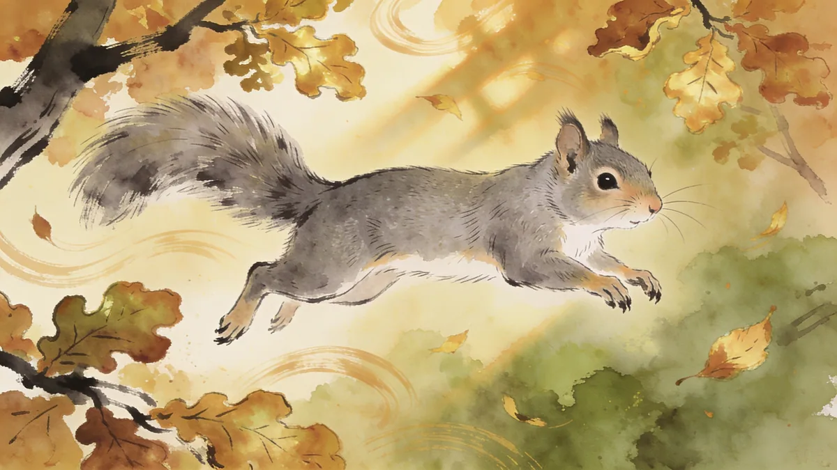 Visual depiction of A grey squirrel leaping between autumn oaks