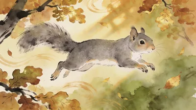 Visual depiction of A grey squirrel leaping between autumn oaks