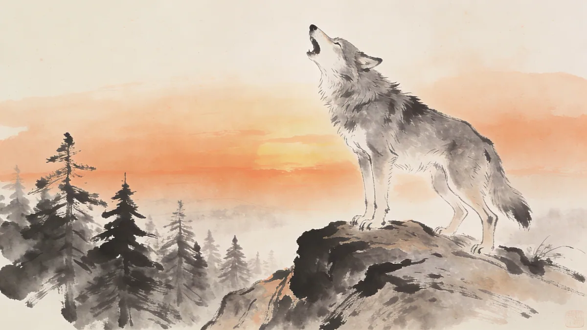 Visual depiction of A grey wolf howling at dawn from a rocky ridge