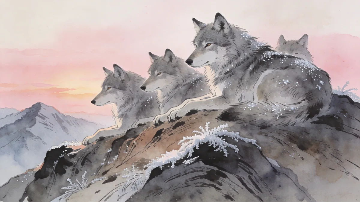 Visual depiction of A grey wolf pack resting on a mountain ridge at dawn