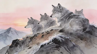 Visual depiction of A grey wolf pack resting on a mountain ridge at dawn