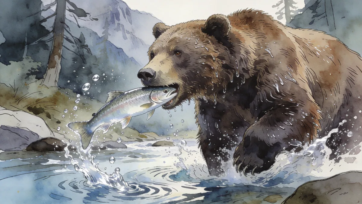 Visual depiction of A grizzly bear catching a leaping salmon in a mountain stream